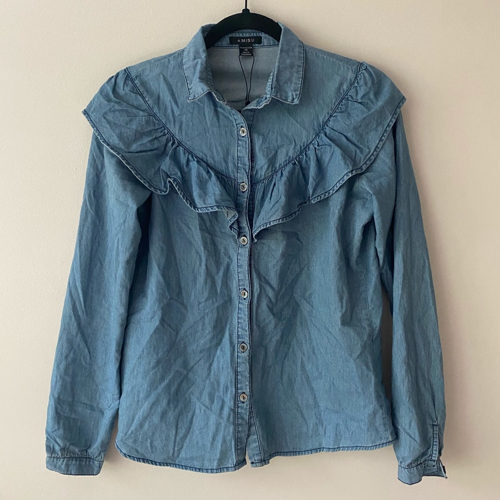 Light Blue Denim Ruffled Button Down Shirt